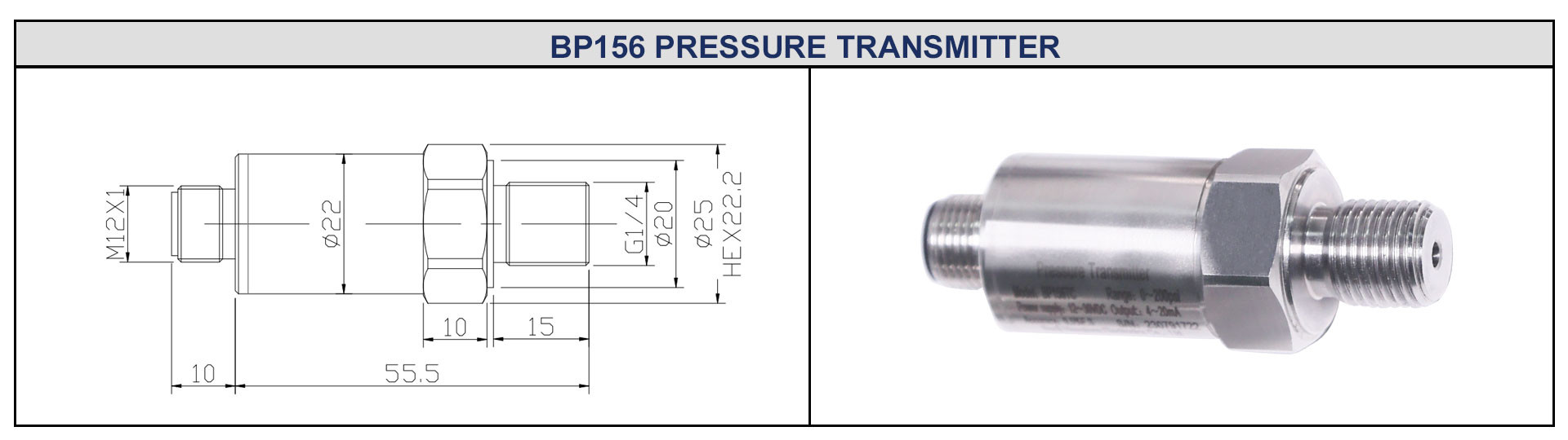 BP156 Industrial Pressure Sensor Transmitter With M12 Connector Level Transducer Sensor