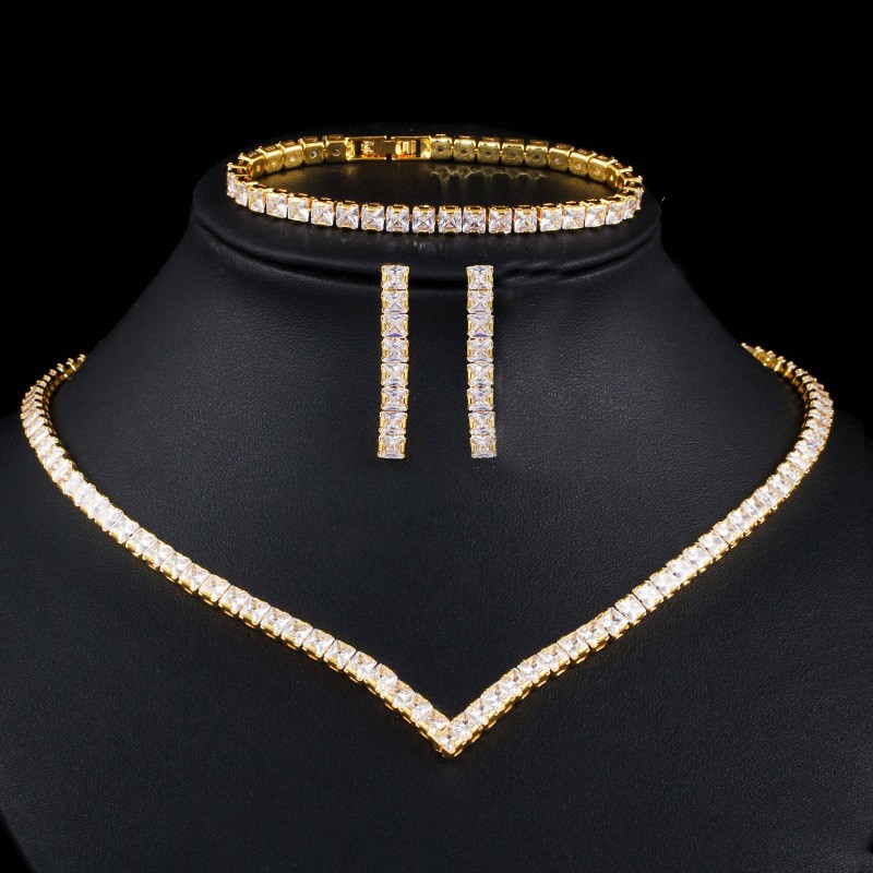 White Gold Color Luxury Bridal CZ Crystal Necklace and Earring Sets Big Wedding Jewelry Sets For Brides