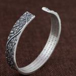 Women Sterling Silver Engraved Flowers Buddhist Sutras Retro Cuff Bracelet