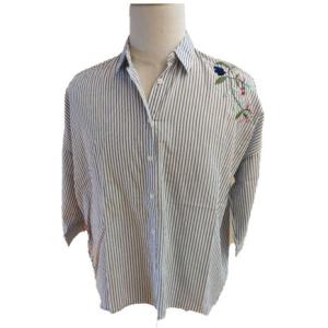 Quality Embroidery Ladies Cotton Blue And White Striped Blouse wholesale