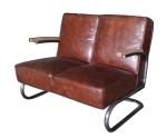 2 Seat Vintage Leather Sofas With Wood Armrest Metal Legs