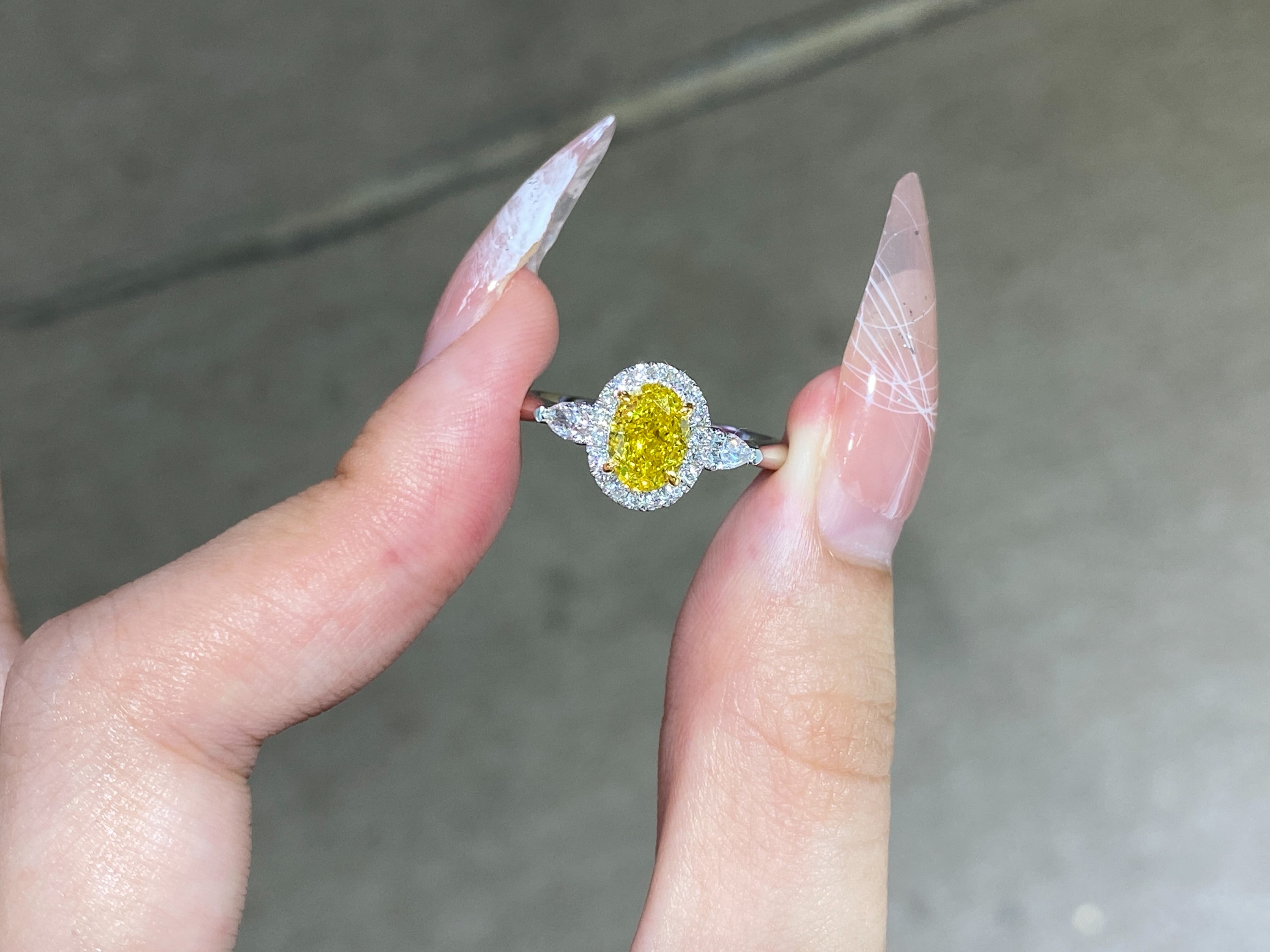 1.00ct Lab Grown Fancy Vivid Yellow Diamond Ring Oval Shape 18k White Gold