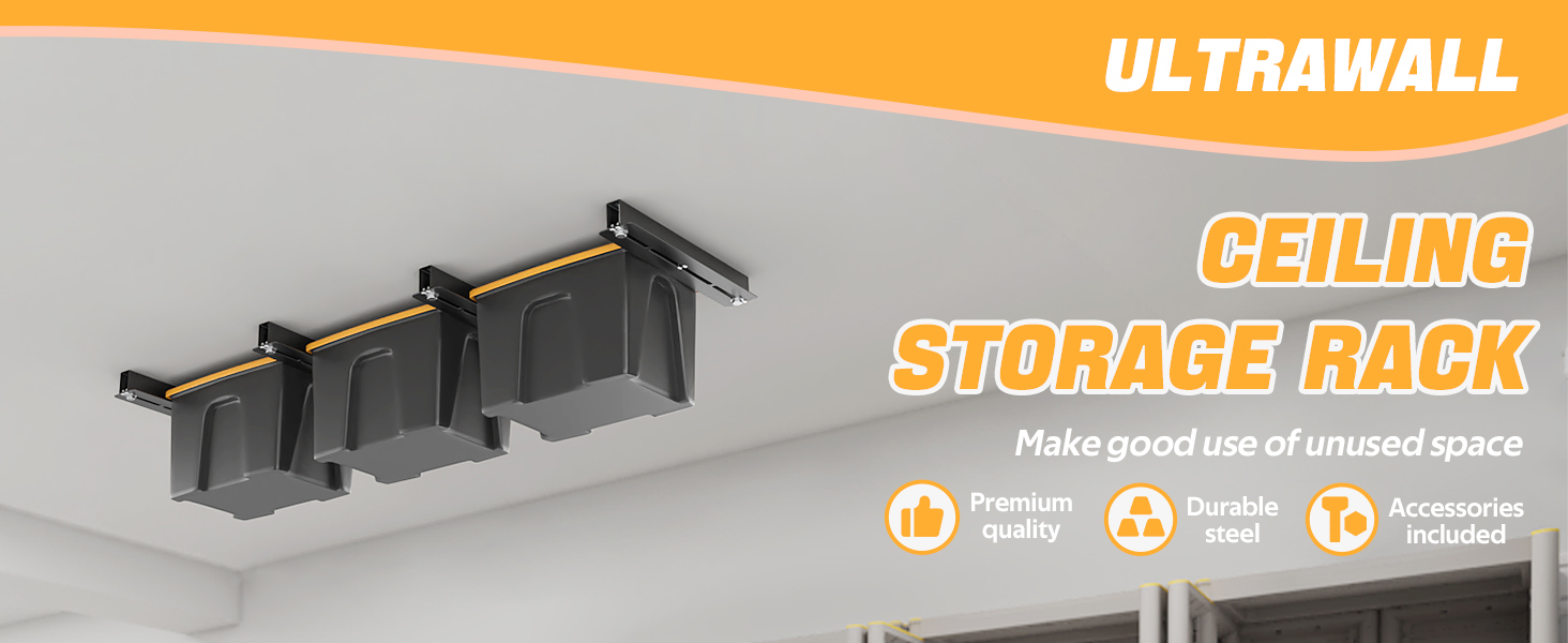 Adjustable Width Overheard Tote Storage Rail System for Garage Ceiling Bin Storage Rack