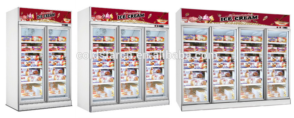 Commercial upright glass door freezer, auto defrost frozen food display refrigerator