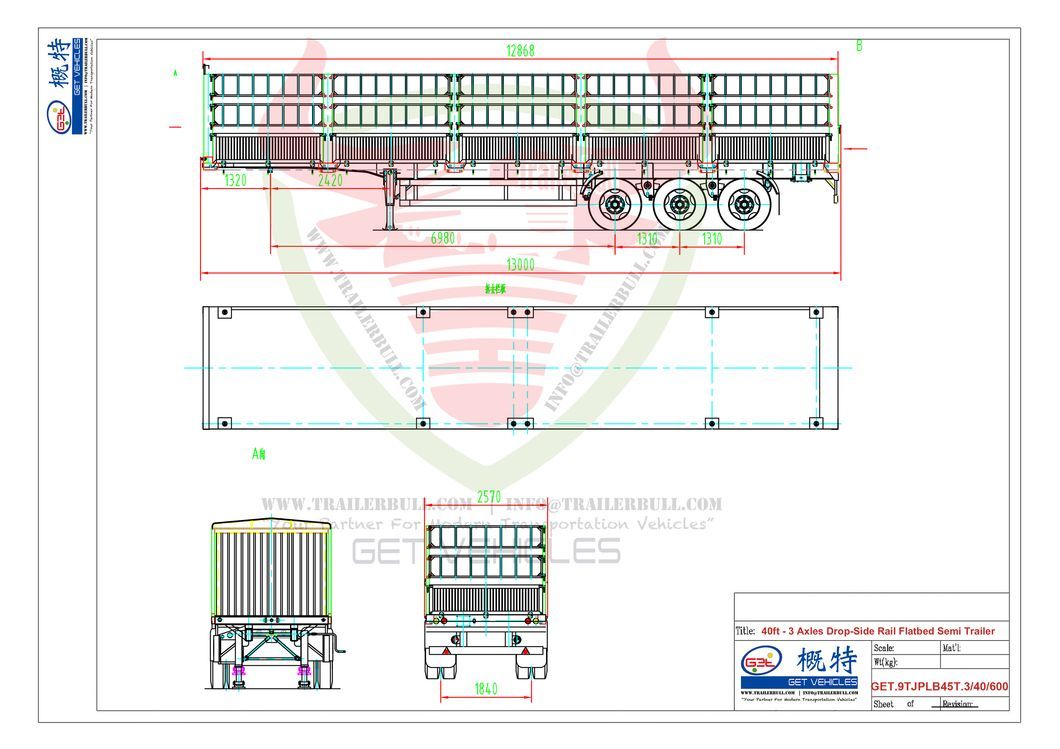 2 Layers of Fence Wall 40FT Versatile and Reliable Drop Side Rail Wall Flatbed Semi-Trailer with BPW Axle 12t and Air Bag Spring Suspension