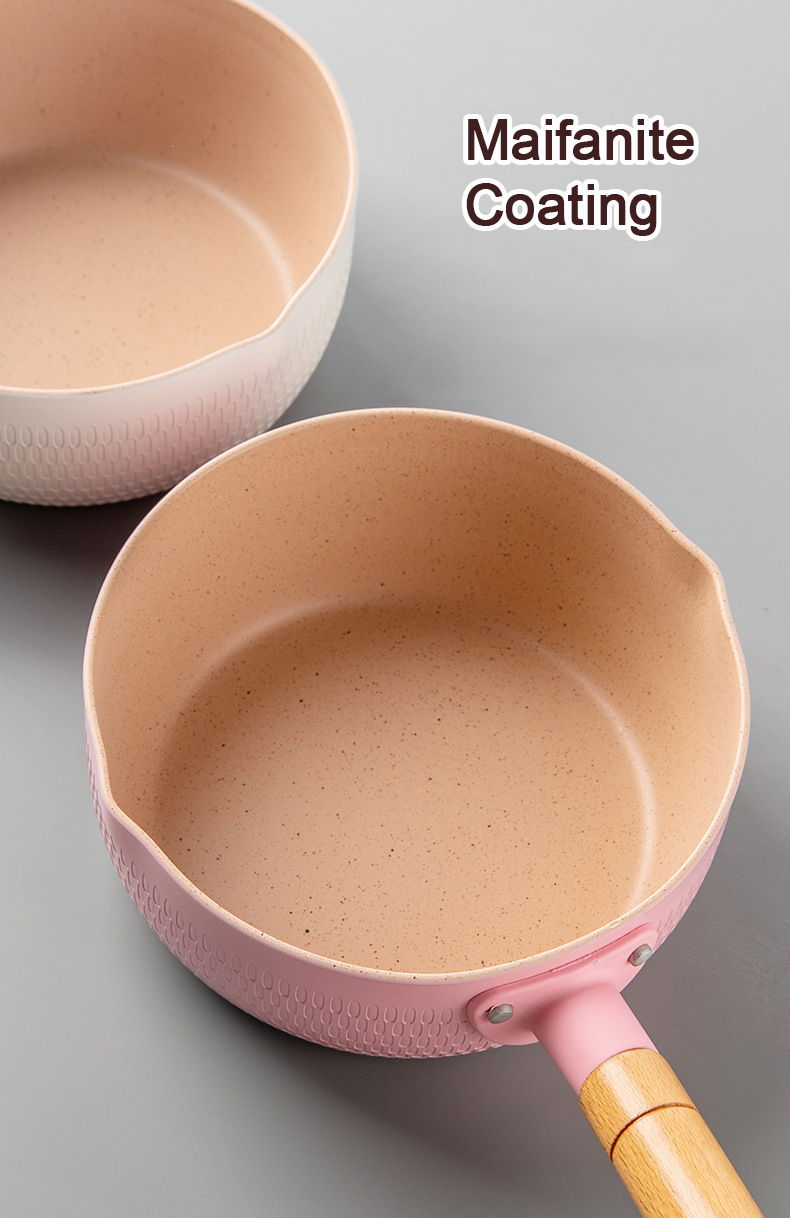 White Kitchen Cookware Aluminum Sauce Pan Non Stick With Wooden Handle