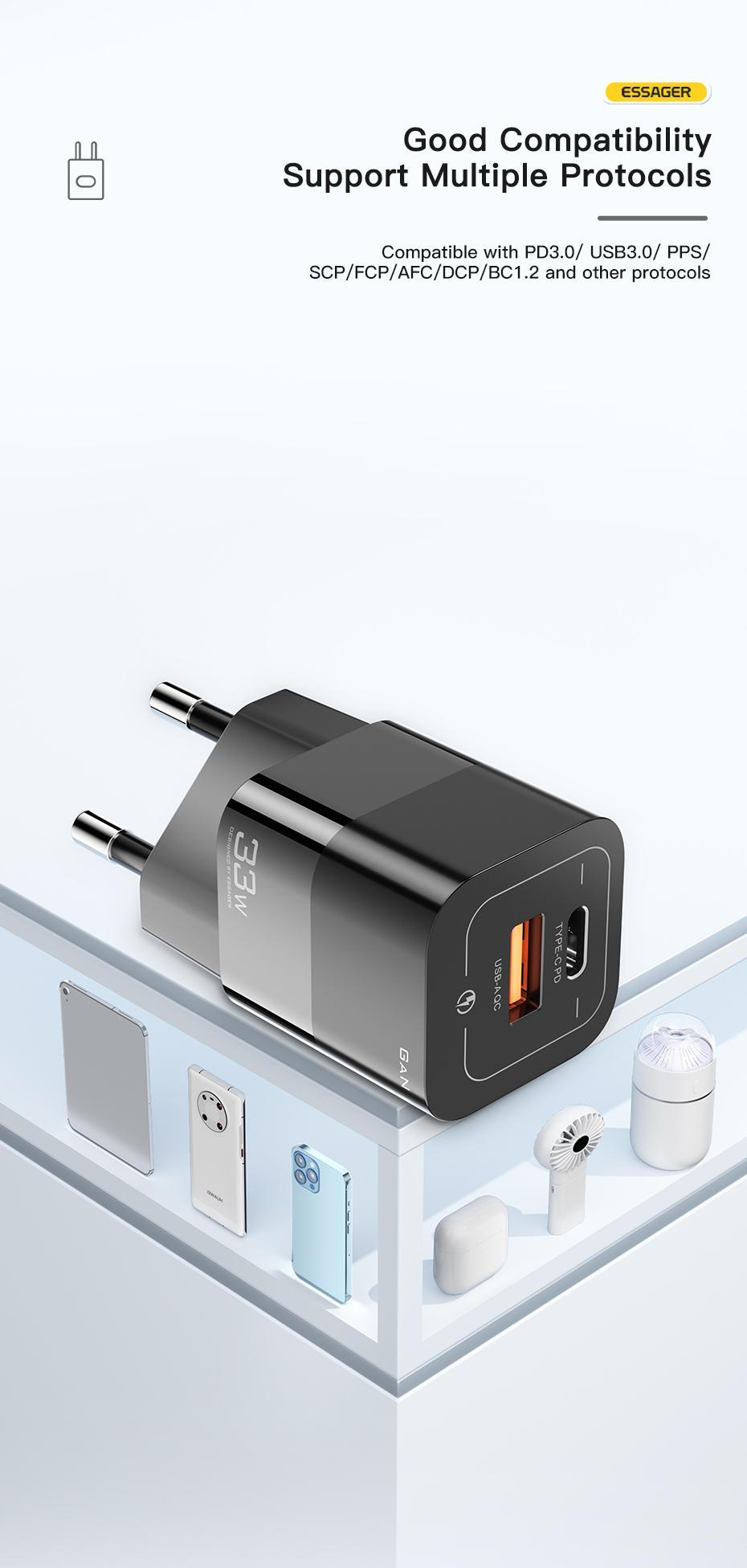 Square Brick USB Port Type C Fast Mobile Phone Charger 30W 5V With EU Plug