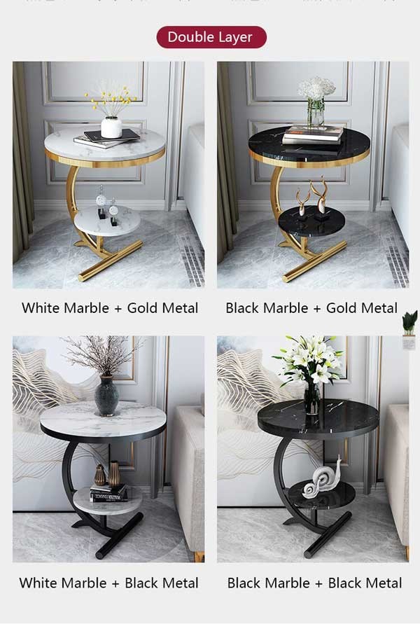 OEM Luxury Marble Center Tables Double Layer Gold White Sofa Side Table