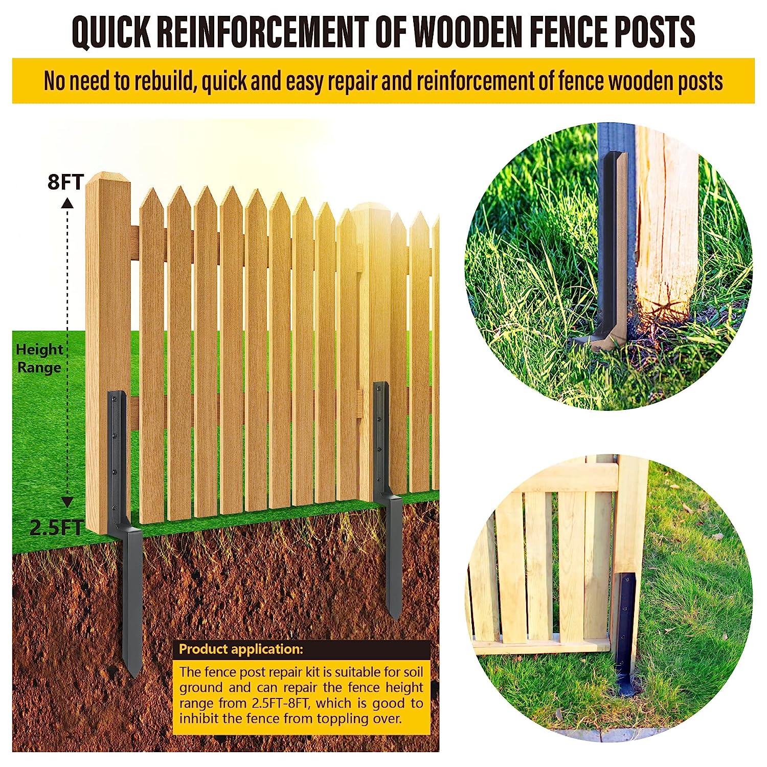 2mm Thick Steel Fence Post Repair Anchor for Repairing Tilted/Broken Wood Fence Post
