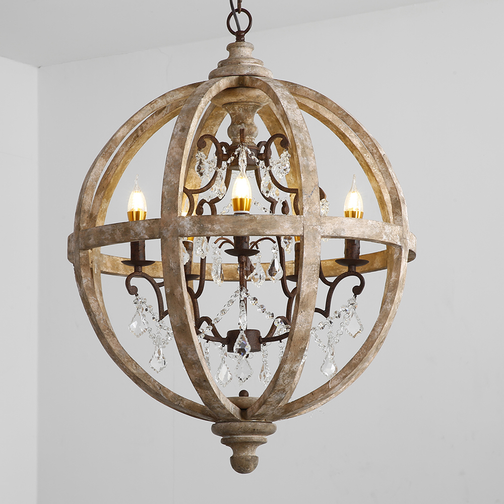 Retro Chandelier Lighting Industrial Hanging Pendant Lamp Globe Wooden Chandelier(WH-CI-108)
