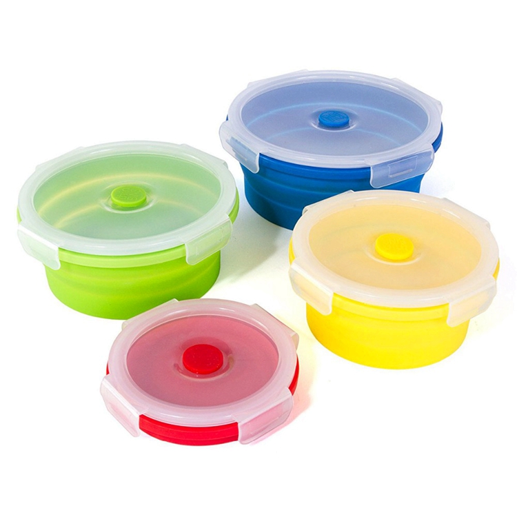 4 Size Hot Selling Wholesale Microwavable Safe Leakproof Easy Clean Silicone Foldable Round Lunch Box Set