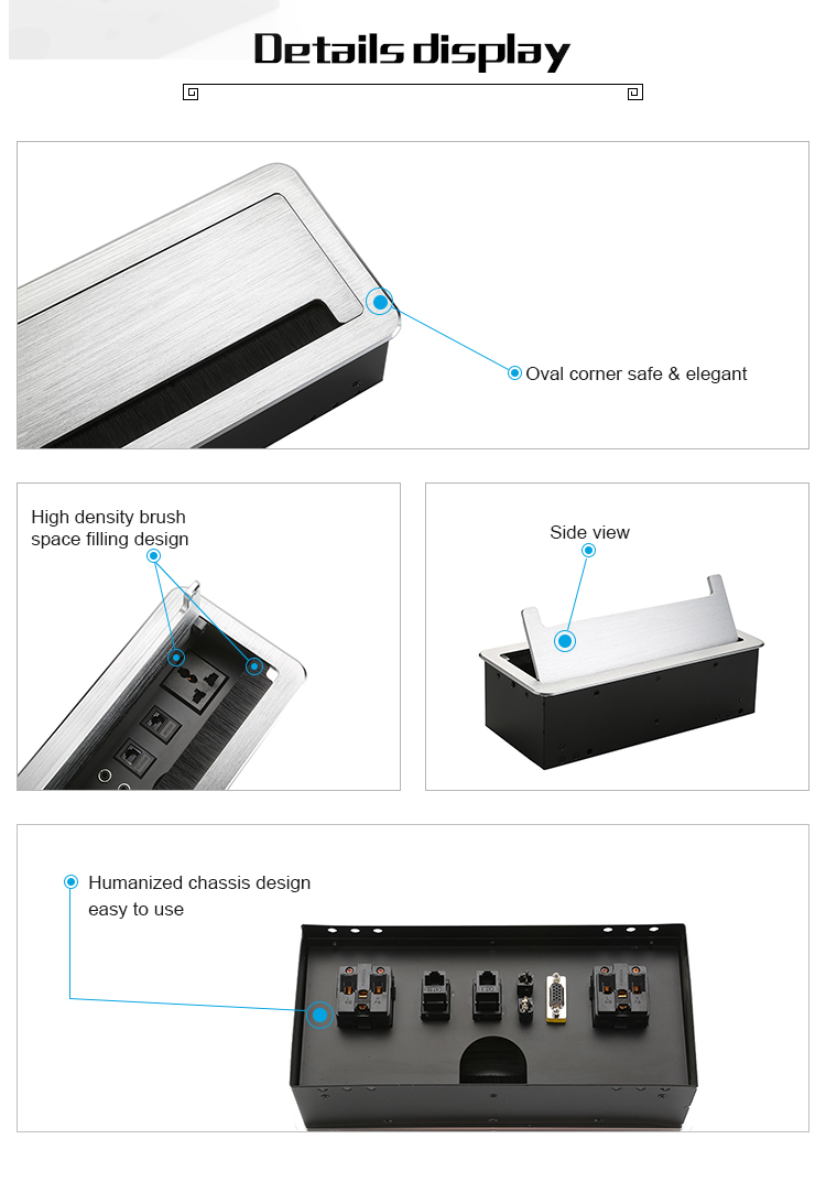 Smart Furniture Recessed Power Strip Usb C Tabletop Socket With RJ45 Audio Brushed Grommet