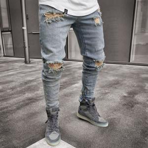 Quality High Waist Nostalgic Men'S Stretch Ripped Jeans Drawstring Closure wholesale