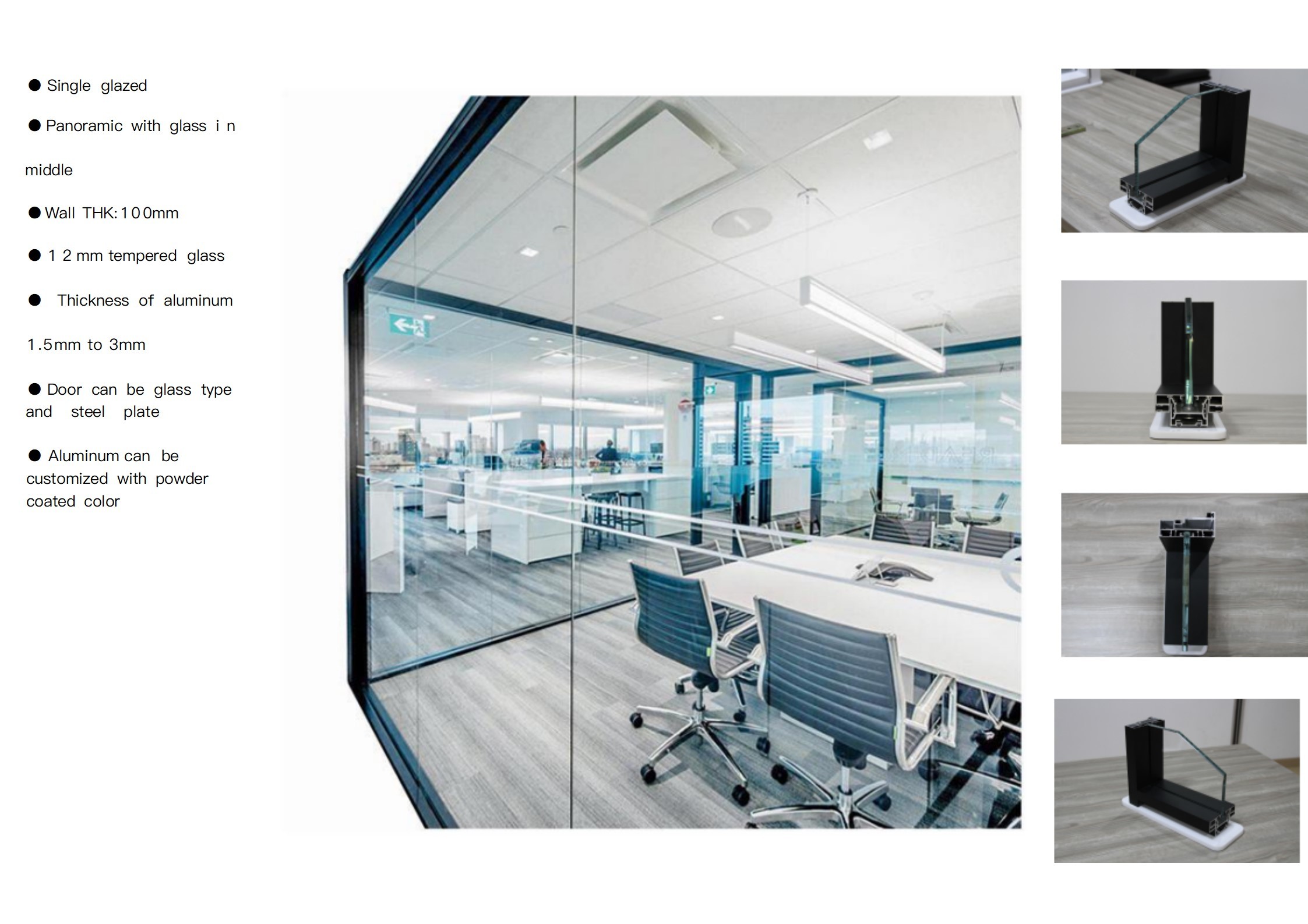 Aluminum Frame Full View Single Glazed Glass Partition Wall for Modern Offices