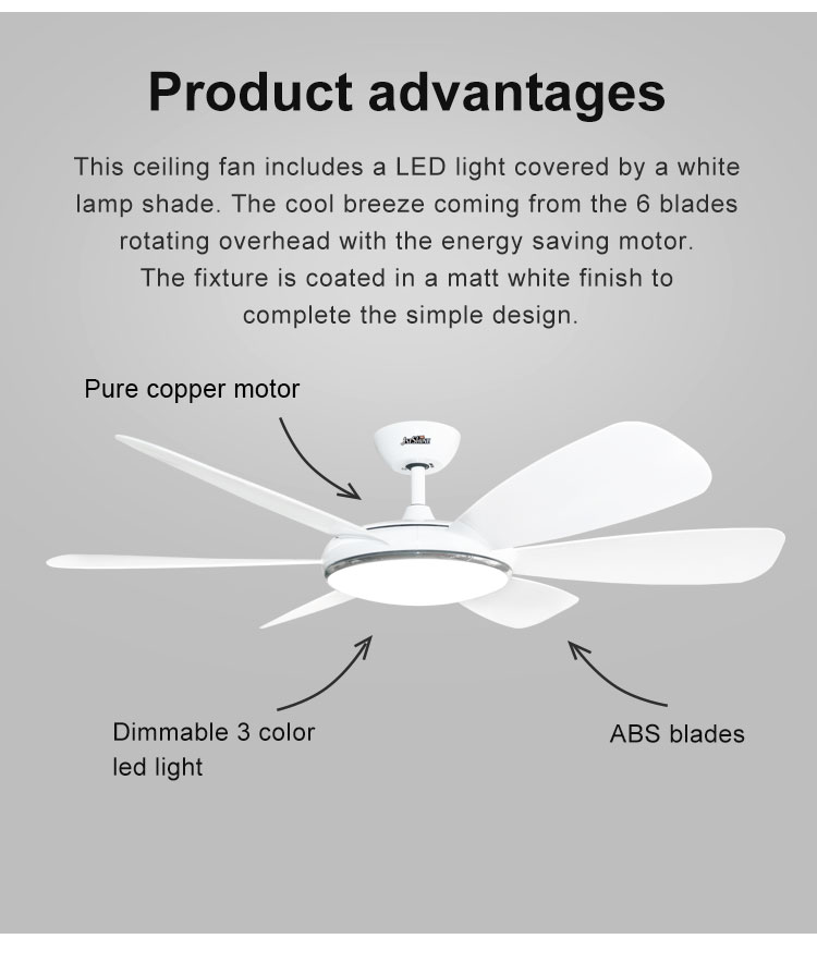 Energy-Saving 1stshine Ceiling Fan with 6 ABS Blades 3 Color LED Light Customized