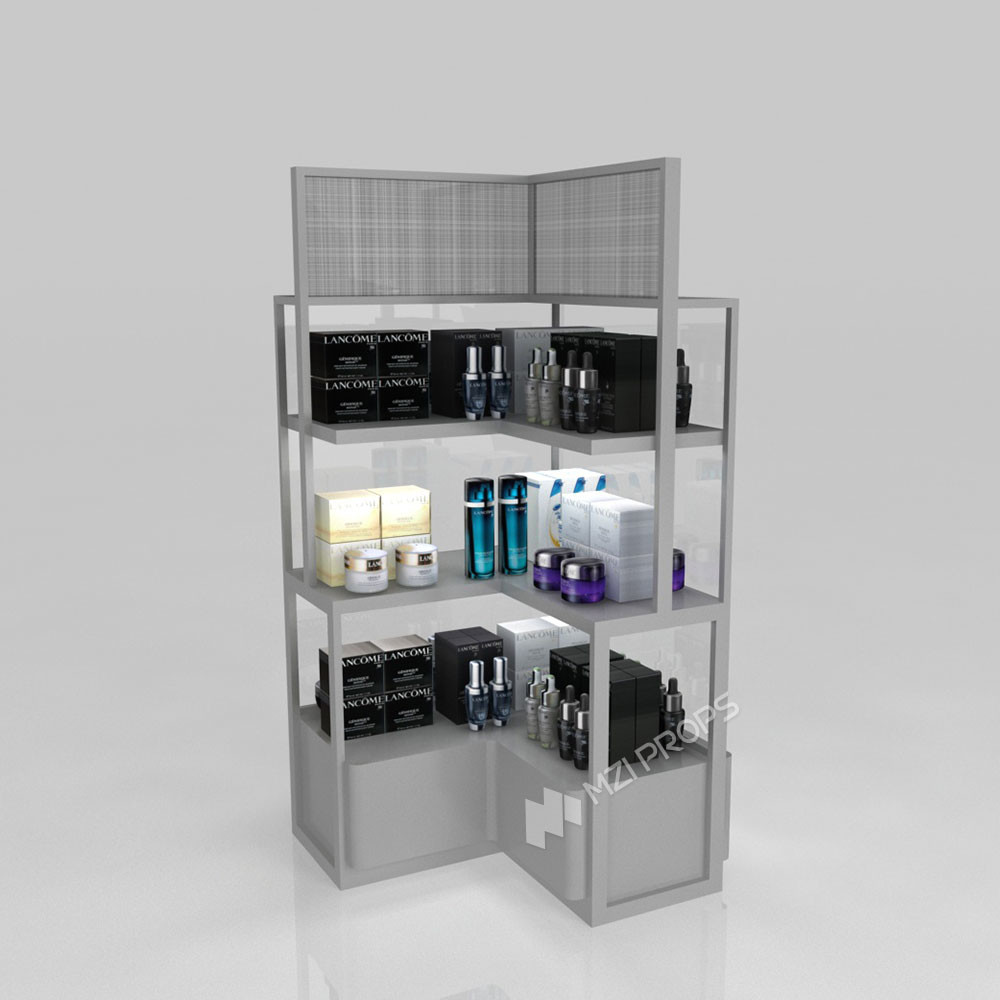 GDR03-CB-08 Double Sided Transparent Low Cabinet with Adjustable Shelves and Luxury Branding Integration for Specialty Beauty Stores