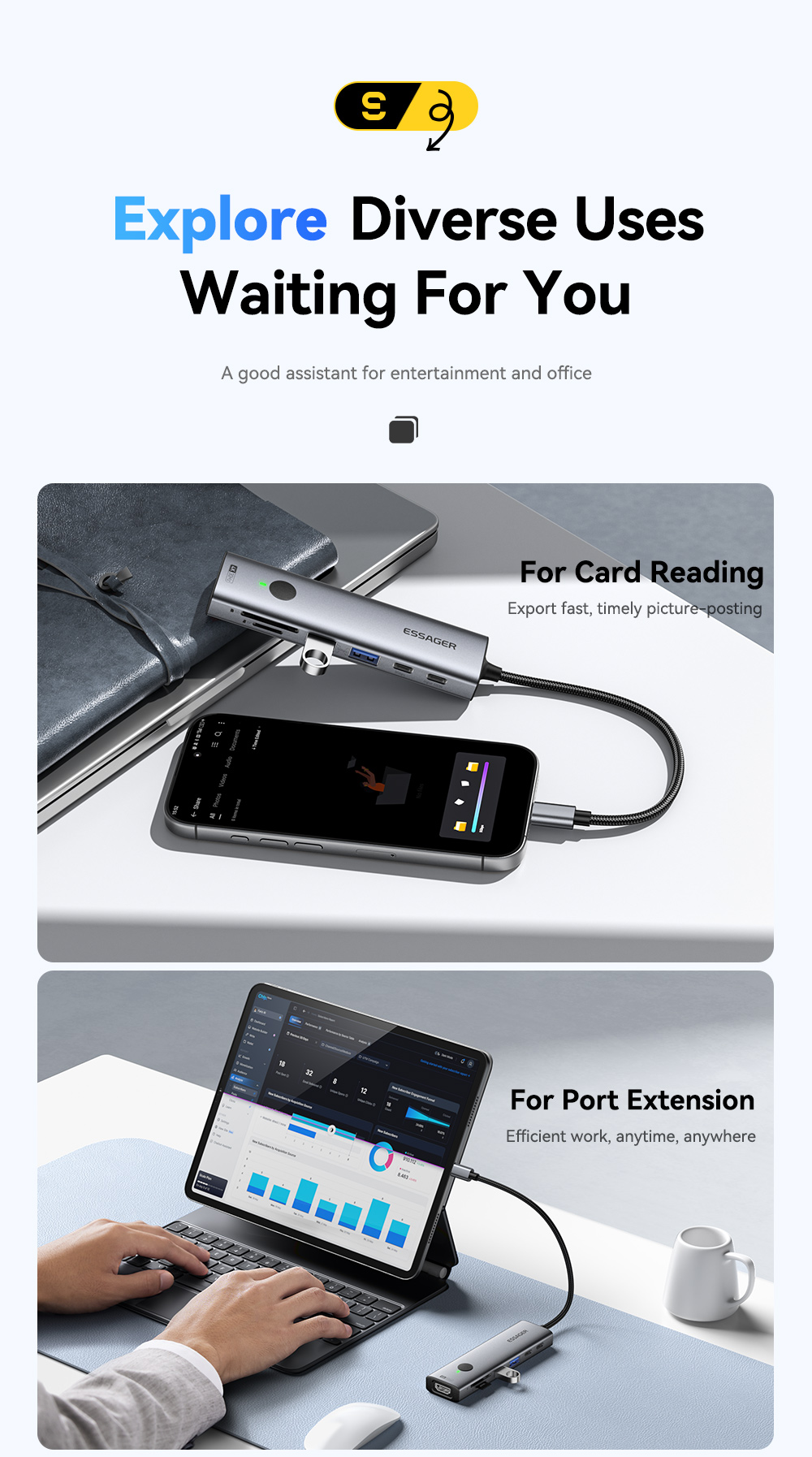 ESSAGER ES-HB03 Series 7 in 1 USB-C USB-A SD TF Port 3.0 Best USB Port Hub