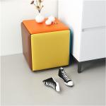 Knitted Yellow Pink Leather Cube Foot Stool Faux Leather