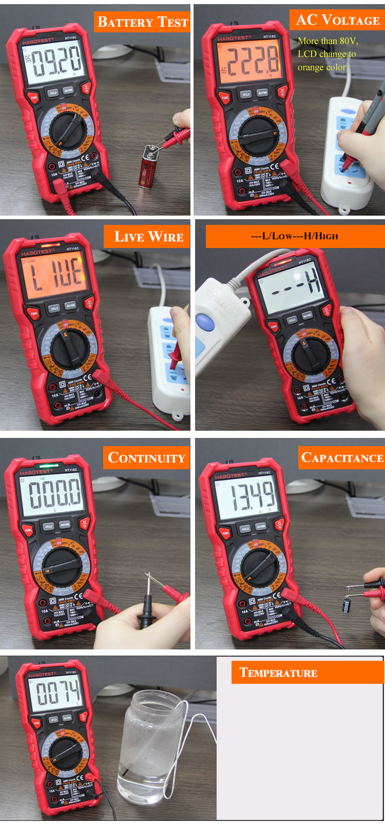 Habotes HT118 AC DC Tester Meter Auto Range Digital Multimeter Voltmeter with Resistance Frequency T-RMS