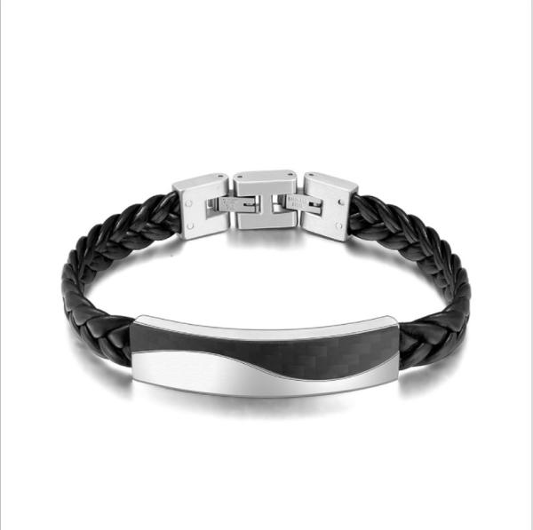 Mens Thin Leather Stainless Steel Bracelet Magnetic Buckle Customizable Engraved