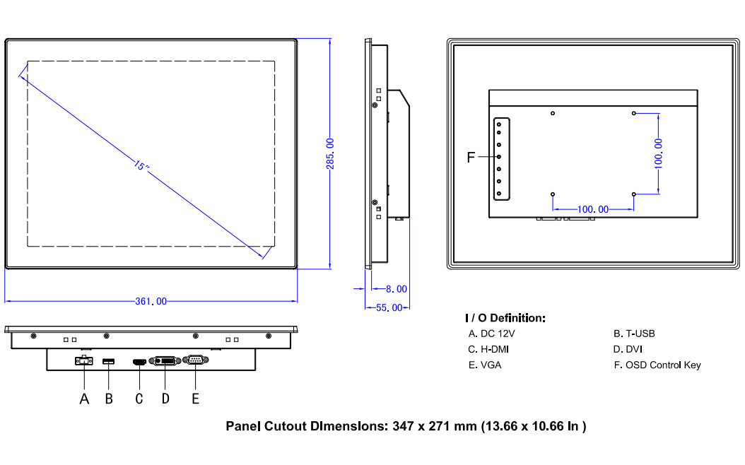 DC 12V Pcap Touch Screen Monitor , Industrial 15 Inch Capacitive Touch Screen