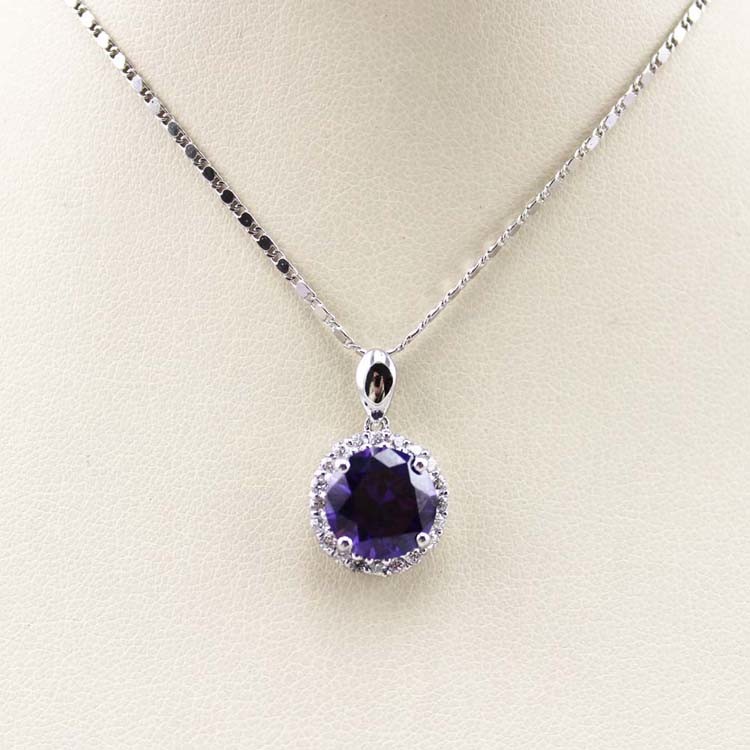 Fine Silver Jewelry Round Amethyst Cubic Zircon Pendant Necklace (PSJ0413)