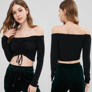 Quality Women Off Shoulder And Long Sleeve Drawstring Front Crop T-shirt wholesale