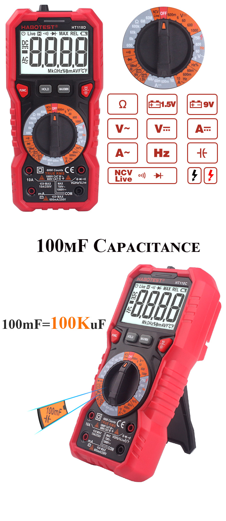 Habotes HT118 AC DC Tester Meter Auto Range Digital Multimeter Voltmeter with Resistance Frequency T-RMS