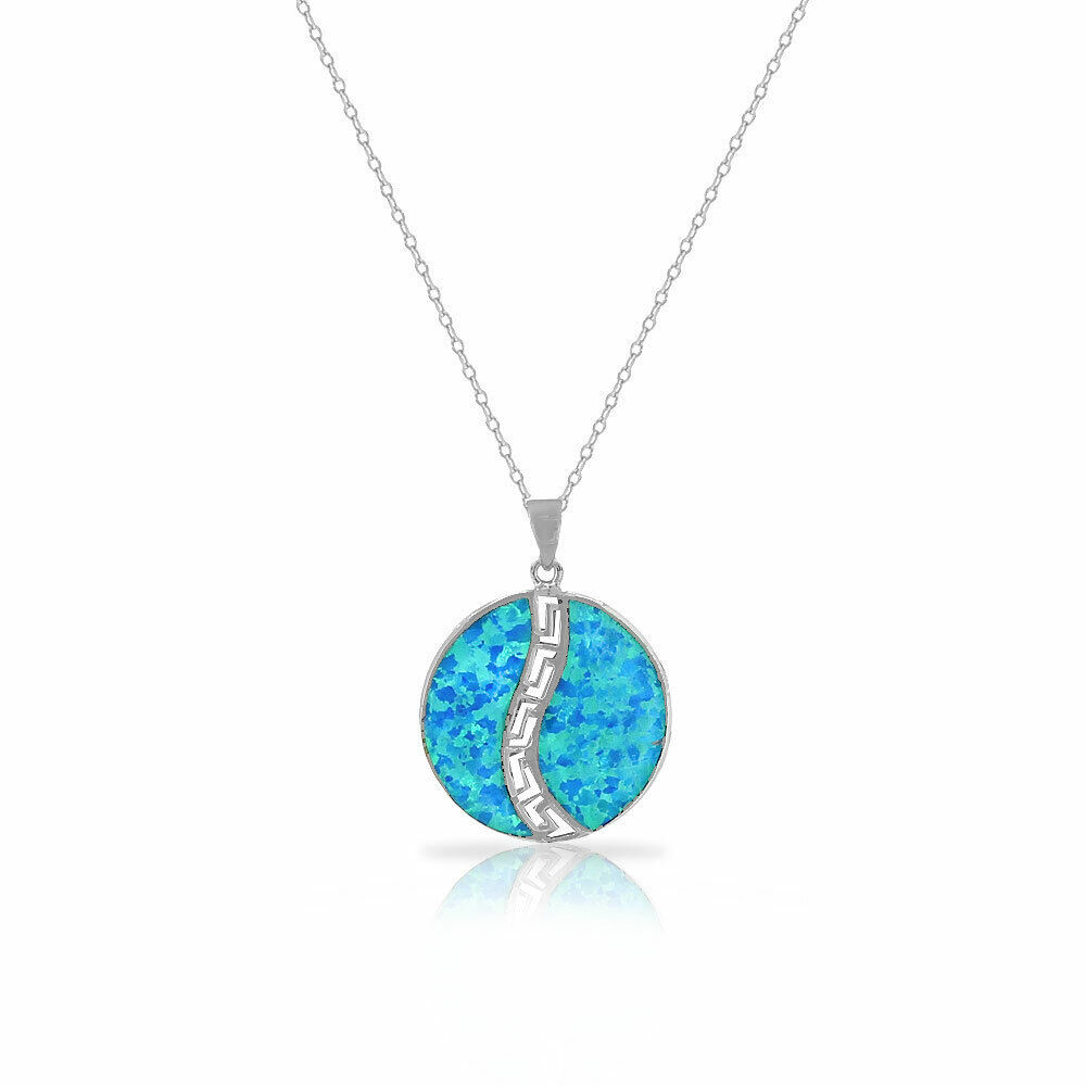925 Sterling Silver Blue Simulated Opal Greek Key Meander Meandros Spiral Round Pendant Necklace