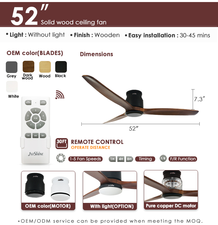 3-Blade Wooden Ceiling Fan with Smart Remote Control and App-Controlled Flush Mount
