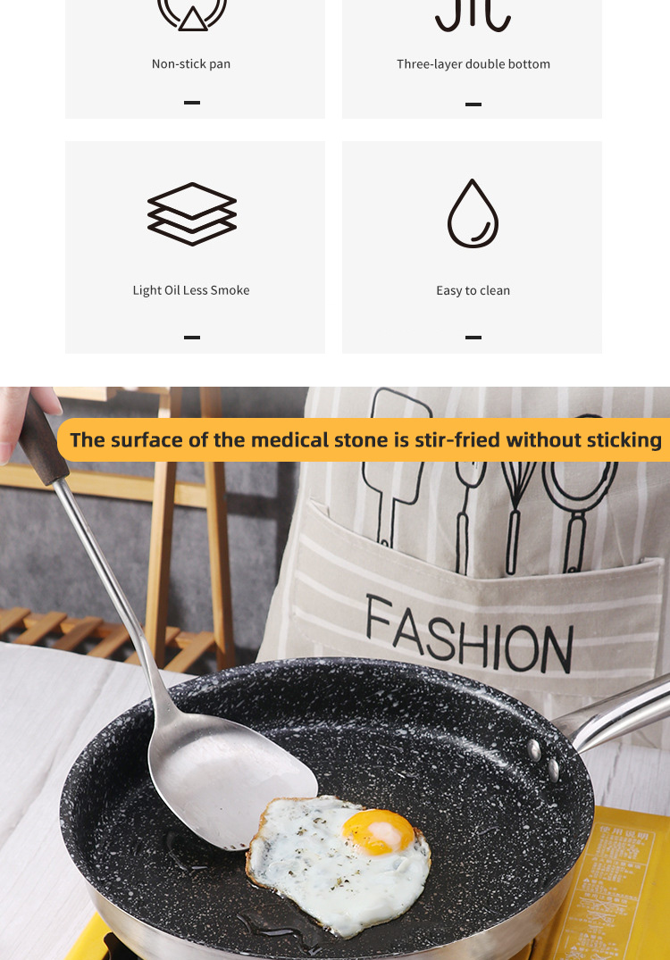 Hot Selling Kitchen Stainless Steel Non Stick Fry Pan Three Layer Double Bottom Medical Stone Frying Pans