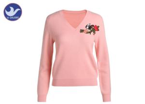 Quality Pink Women's Long Sleeve Sweaters , V Neck Knitted Jumper Dog Flower Embroidered Patch wholesale
