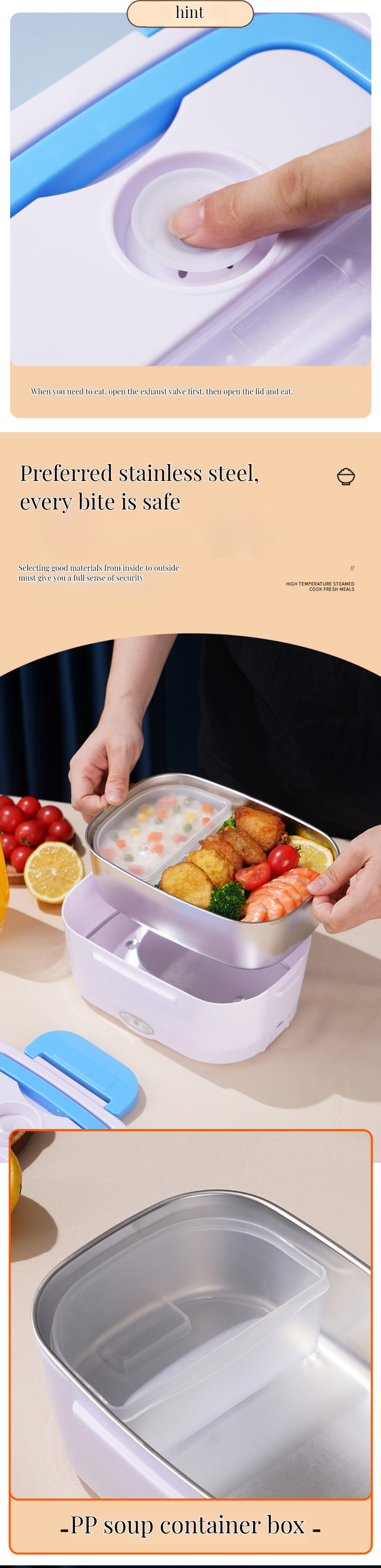 238*170*108mm Electric Lunch Box Containers 304 Stainless Steel Heatable Food Container