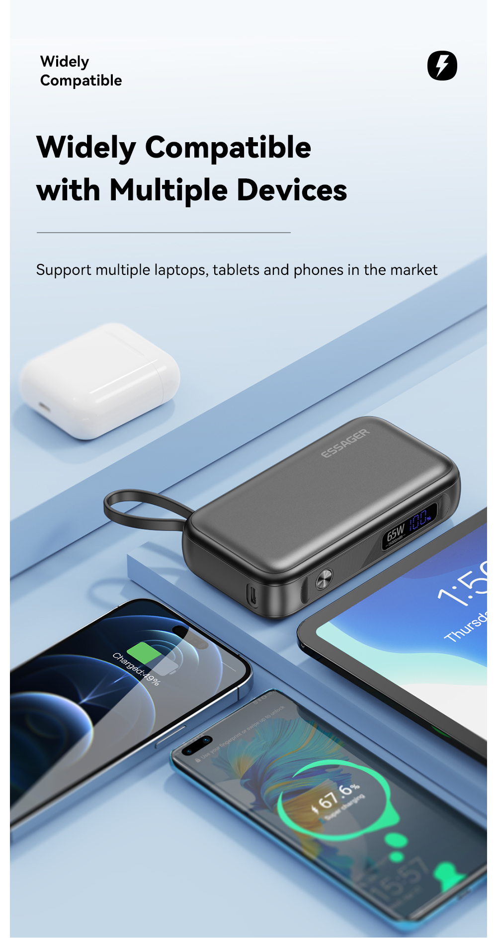 LED Digital Display PD 65W Cell Phone Power Bank 15000mAh Fast Battery Storage