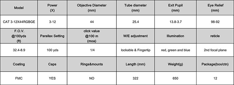 3-12X44RGBGE Fast Focus Eyepiece Hunting Optic Scope for 25.4mm Tube Diameter