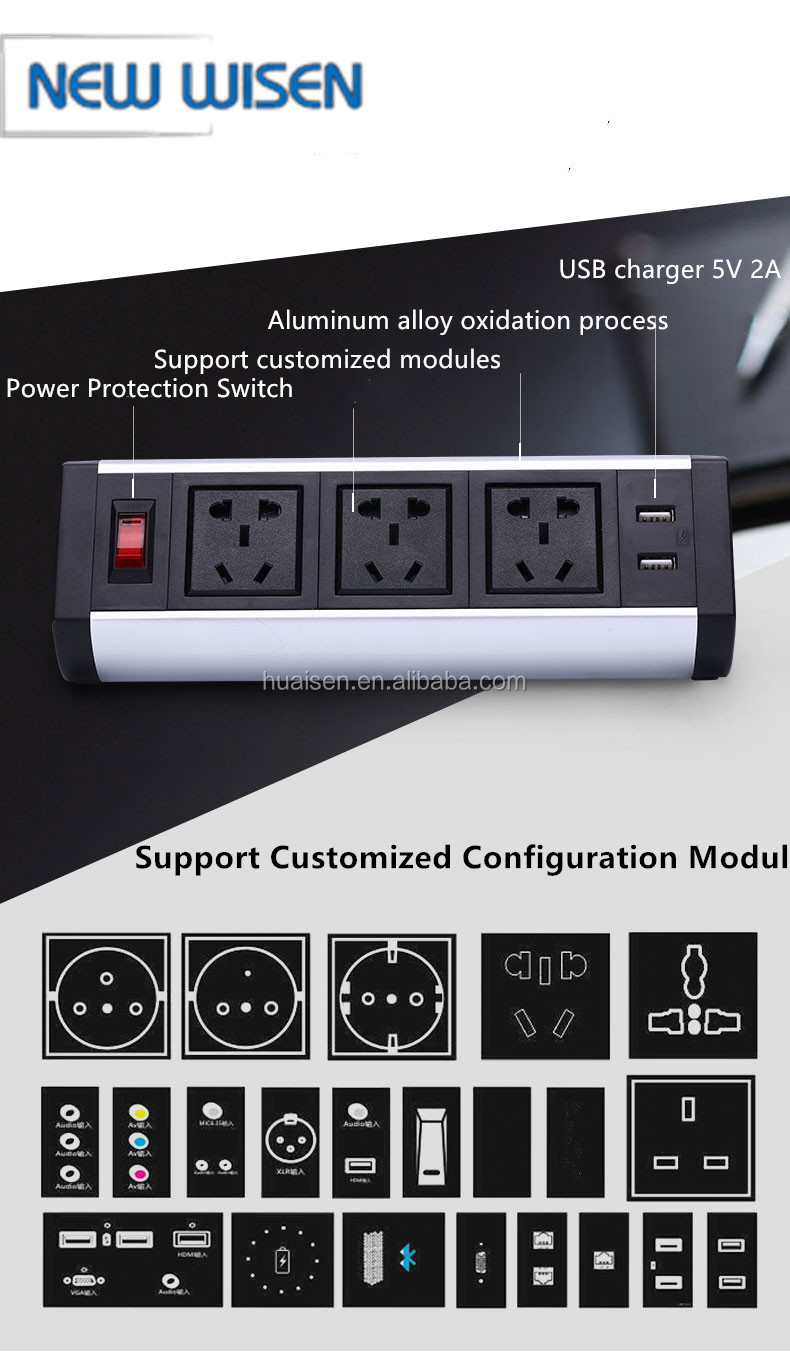 Oxidized Aluminium Table Mount Power Strip USB 2.1A 110V-240V