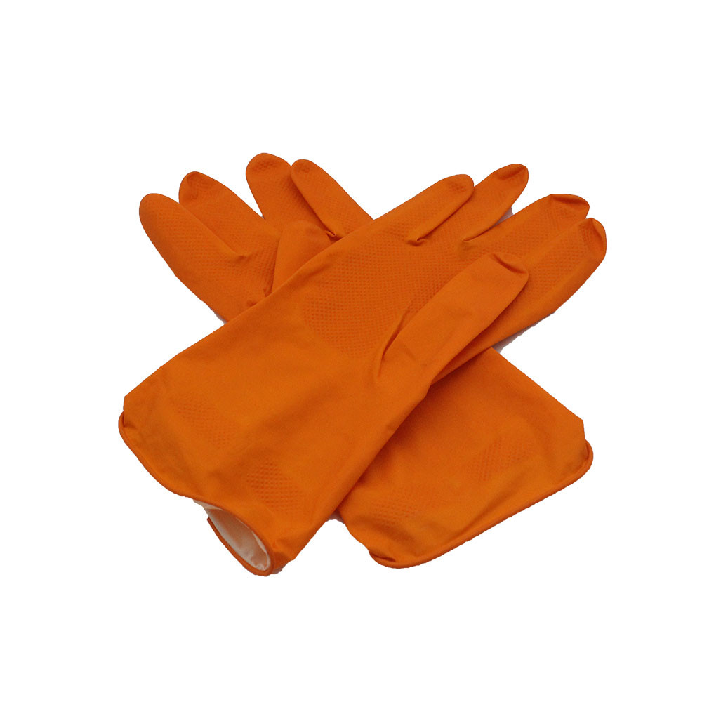 orange Tear Resistant flocklined Rubber Gloves , rubber Dishwashing Gloves
