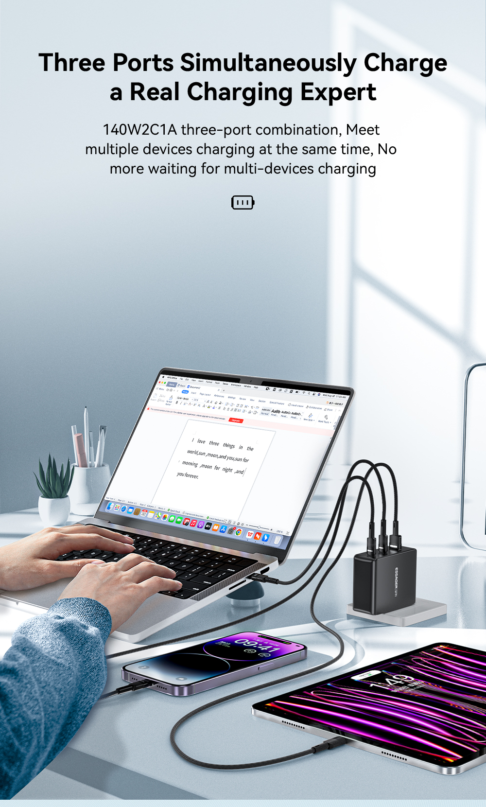 Mobile Phone GaN Chargers 140W With 3 Ports In 1 USB A 2 Type C PST-140C2A-LB-GAN Series