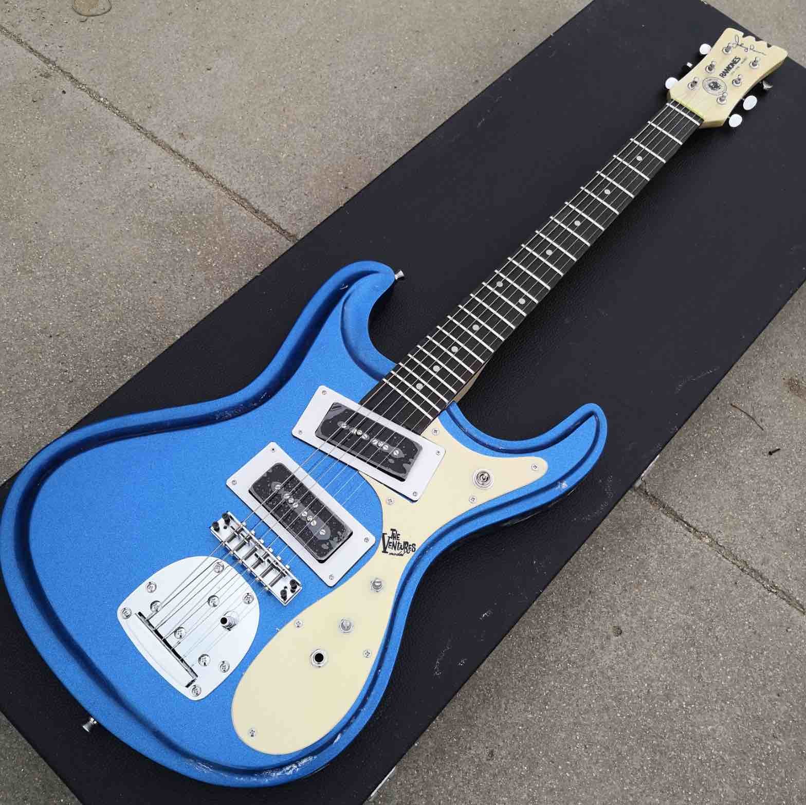 Custom 1966 Ventures Mosrite Zero Fret JRM Johnny Ramone Electric Guitar Tremolo Tailpiece in Blue Color