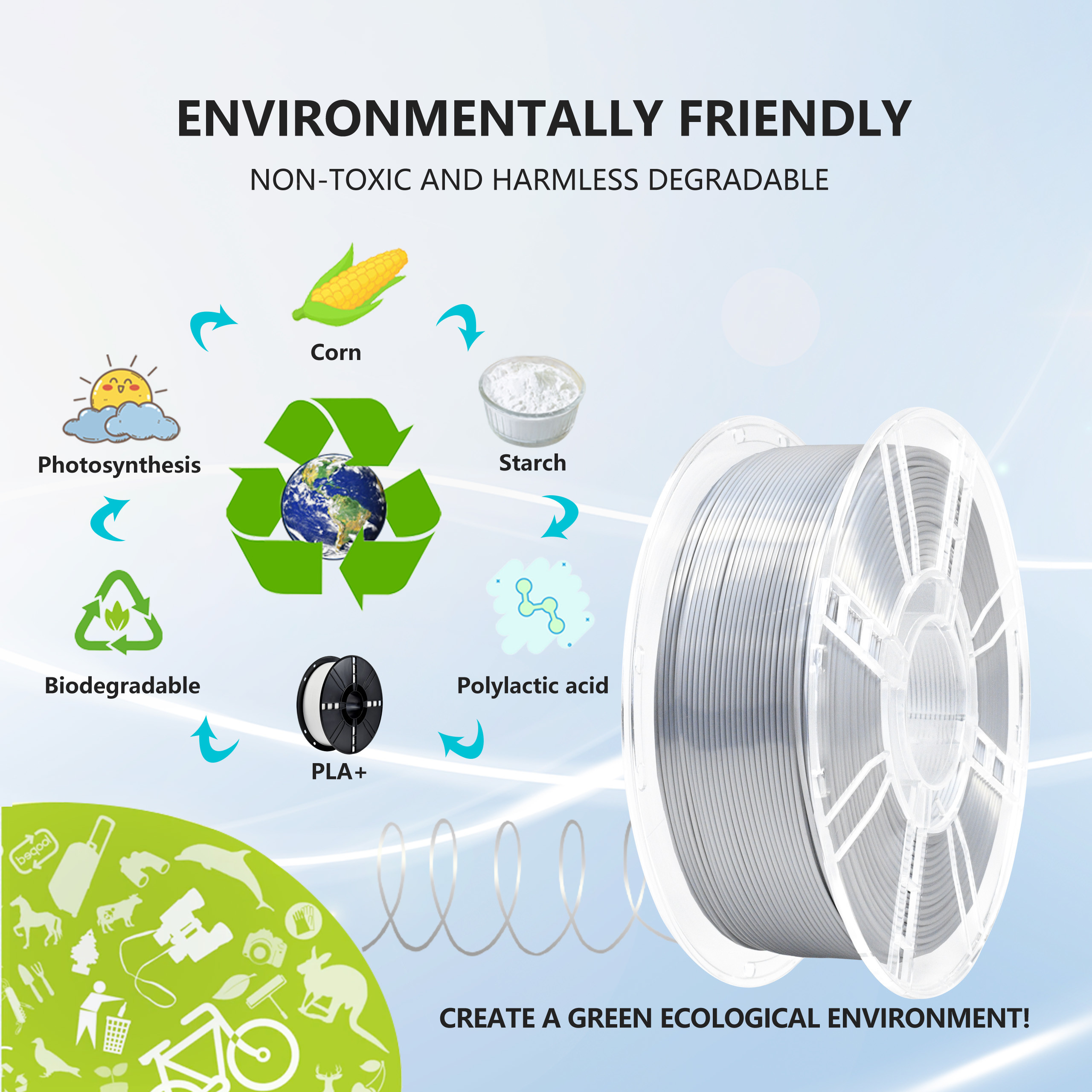 Diameter 1.75mm Silk Light Silver PLA Toughness Enhanced 3D Printer Filament 1kg