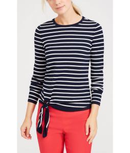 Quality WOMEN'S 54% COTTON/44% MODAL/2% SPANDEX PULLOVER KNITTED STRIPE SWEATER WITH TIE FRONT wholesale
