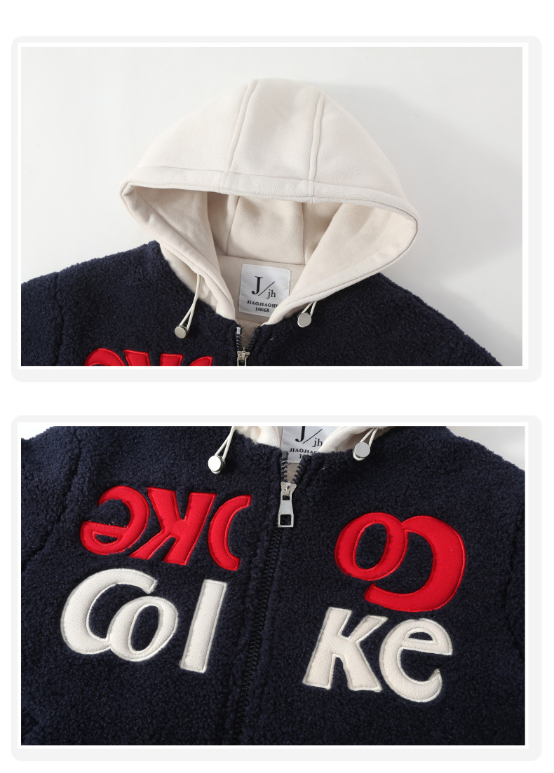 Girls extra thick coat children's clothing hooded embroidered woolen coat lamb cashmere navy blue casual thermal coat