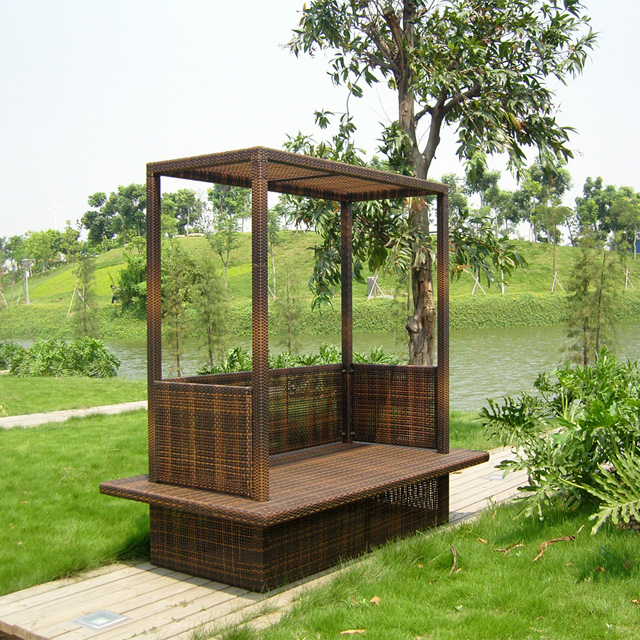 Garden Three Seater Aluminum Wood Canopy Rattan Woven Sofa without Folded Design in Fabric Cushion and Foam