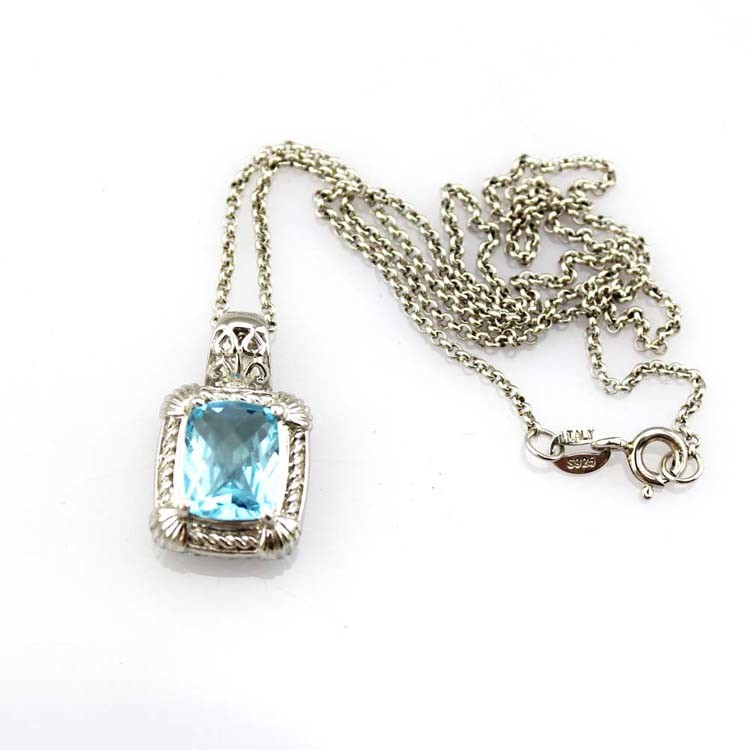 White Gold Plated 925 Silver Blue Topaz Cubic Zirconia Square Pendant Necklace (P04)