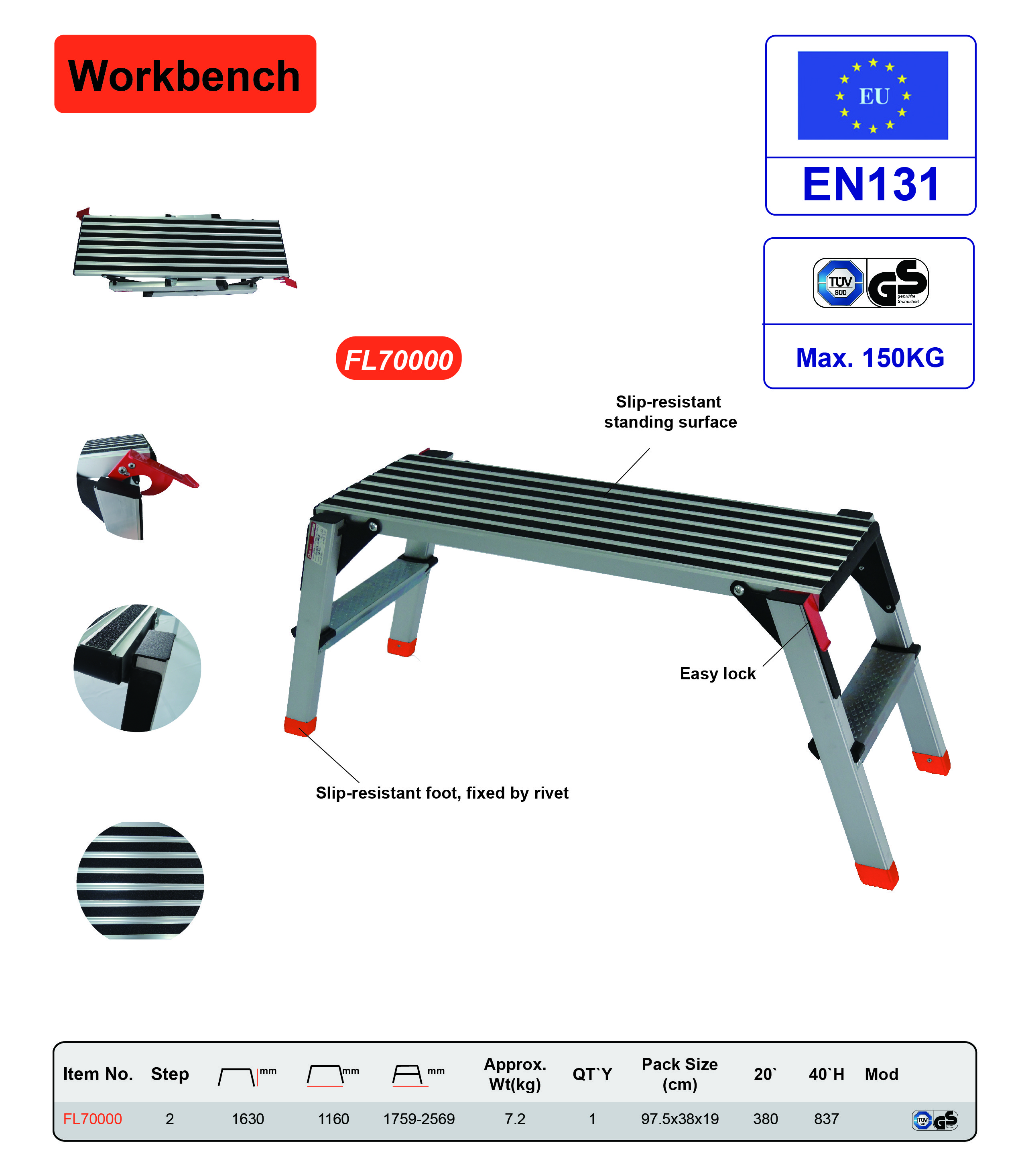 2 Steps Aluminum Work Platform Foldable Easy Storage GS Certificated