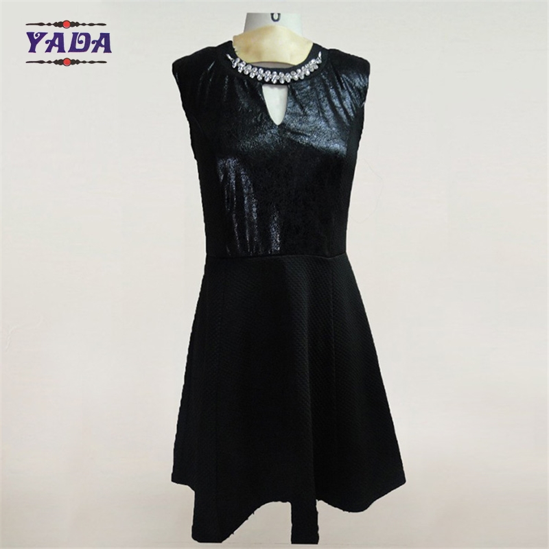 Fashion pu cocktail lady's summer sleeveless dress women office uniform dresses with rhinestone applique