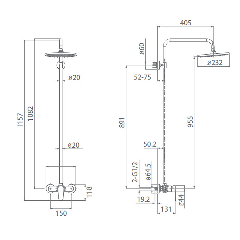 Bathroom Rain Shower Wall Mounted Contemporary D 405mm, H 1157mm