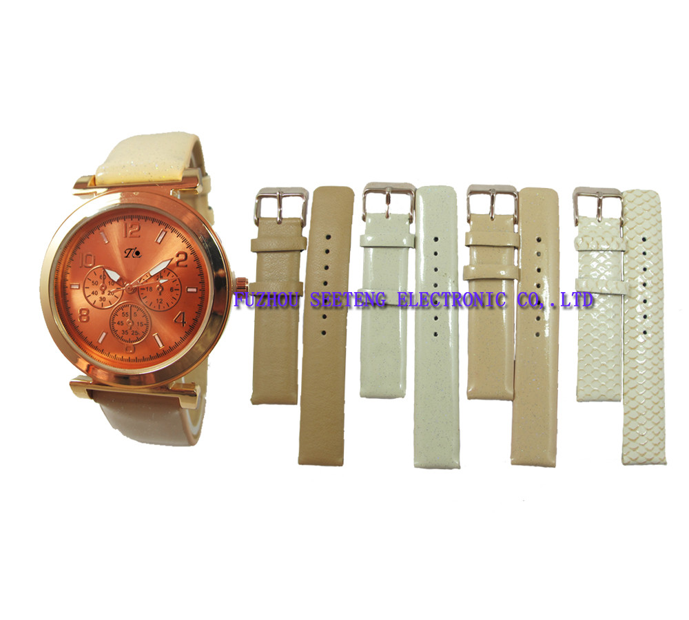 Popular leather strap with other replaceable band and color customized for ladies watch
