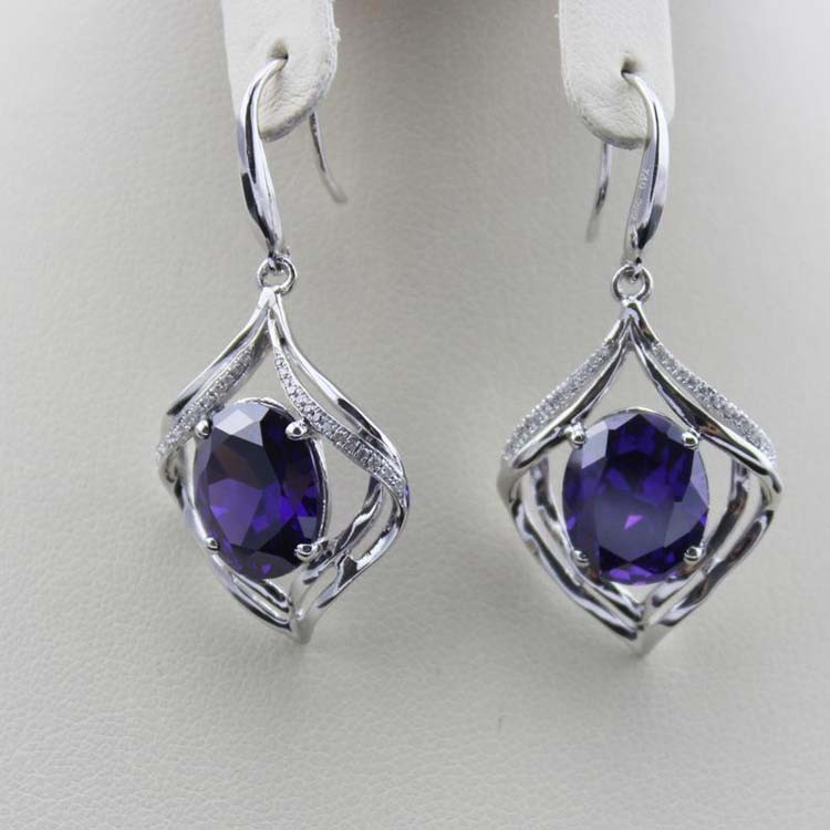 Fashion 925 Silver Oval Purple Amethyst Cubic Zircon Dangle Earrings (PSJ04872)