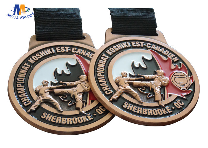 Customised 3D Relief Soft Enamel Metal Award Medals Antique Copper Plating With Black Woven Ribbon Championnat Medailles
